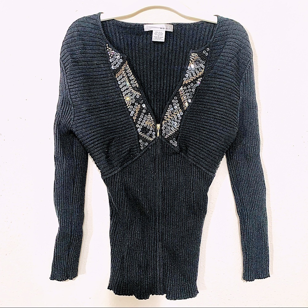 VINTAGE WD.NY Y2K Babydoll Silk sequin ribbed black sweater women’s size M